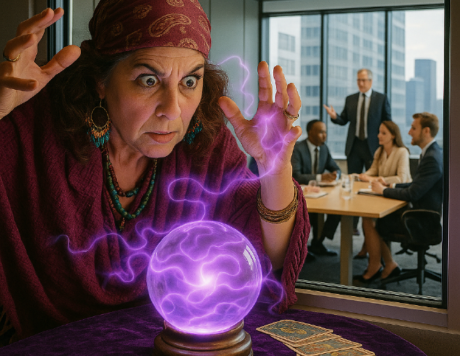 A psychic spies on a corporate board meeting.